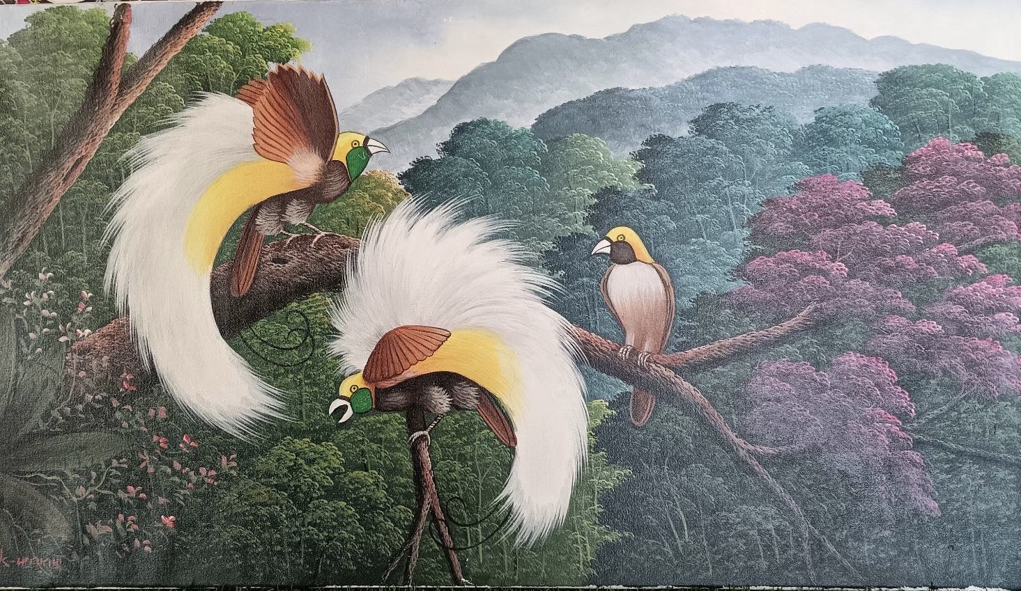 A colorful painting featuring three birds of paradise with vibrant blue and green plumage against a backdrop of lush green foliage.