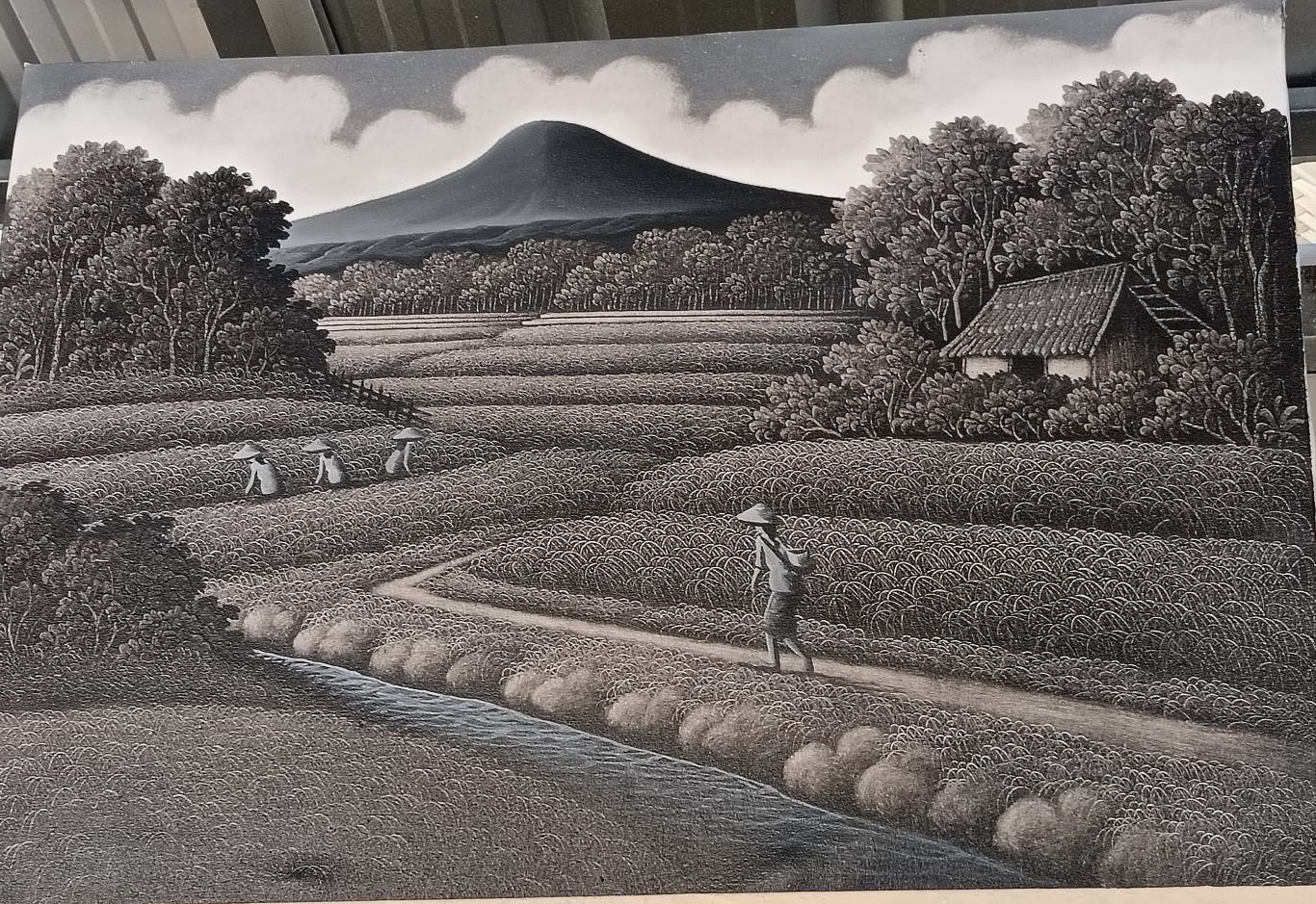 A serene black and white painting capturing the peaceful atmosphere of rural life, with farmers working in harmony with nature.