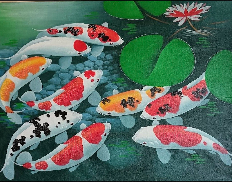 A serene underwater scene depicting a school of koi fish with orange, white, and black scales gracefully swimming among green lily pads.