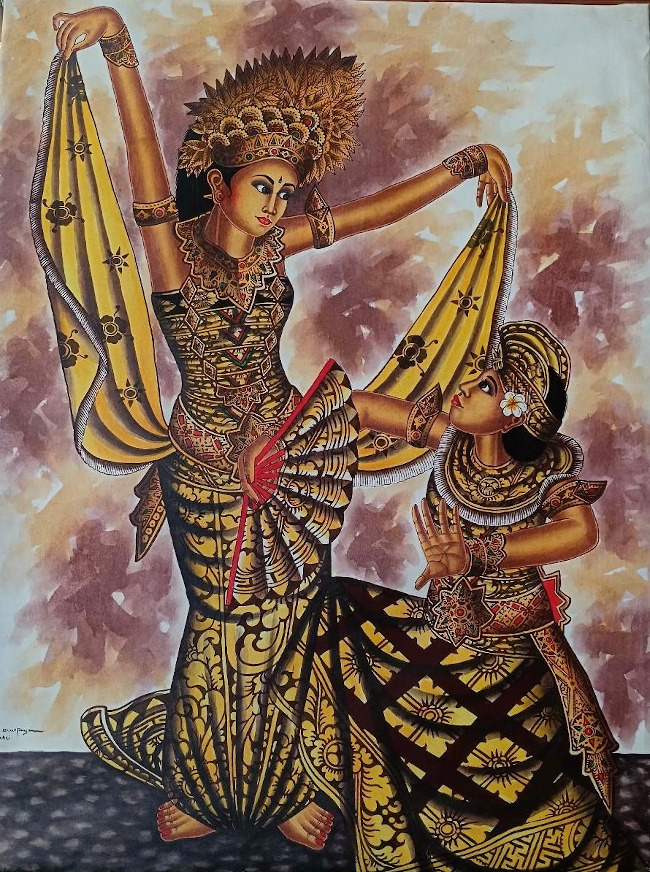 A graceful Balinese dancer, adorned in intricate gold jewelry and a vibrant red sash, executes a delicate hand gesture.