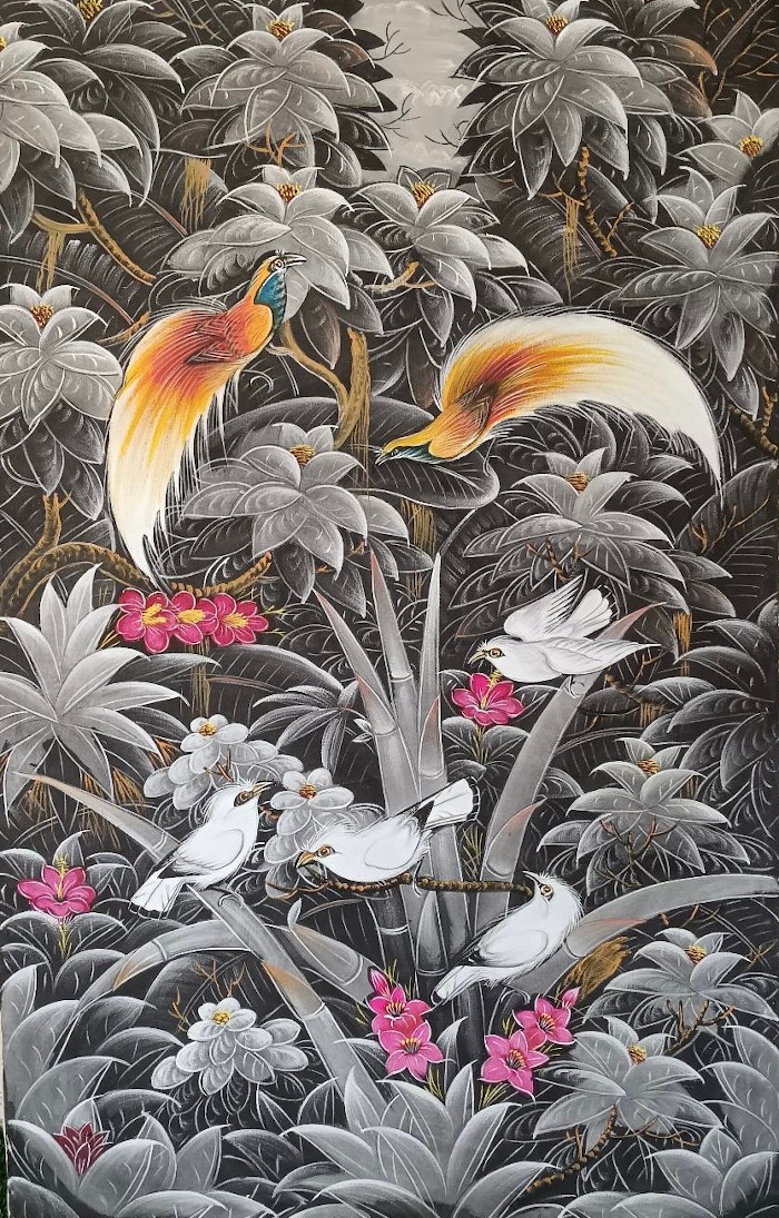 A vibrant tropical forest scene with colorful birds.